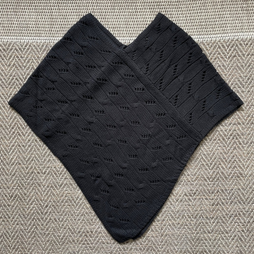 Ann Taylor Loft Poncho Women OS Black Pointelle Cable Knit V-Neck Cape